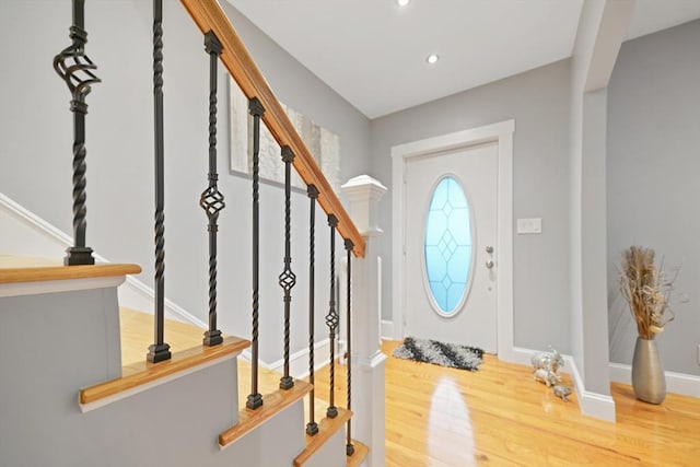 540 Rivet St, New Bedford, MA 02740 - entryway featuring wood finished floors, stairs, recessed lighting, and baseboards