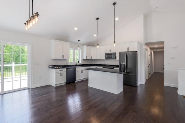40 Jackson Ln, Barre, MA 01005 - kitchen featuring fridge with ice dispenser, dishwashing machine, white cabinets, dark wood-style flooring, and high vaulted ceiling