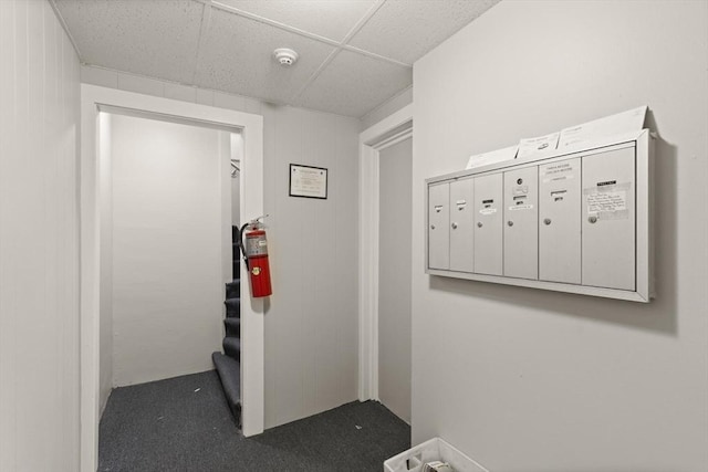 hallway featuring dark carpet, wooden walls, and mail boxes