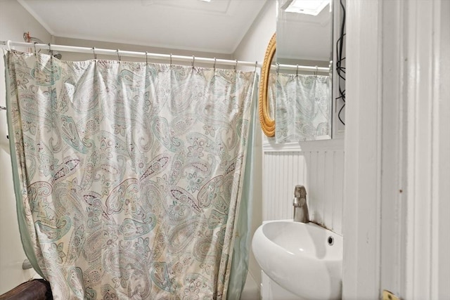 bathroom with sink and a shower with shower curtain