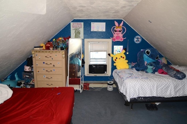 bedroom with a textured ceiling, vaulted ceiling, and carpet