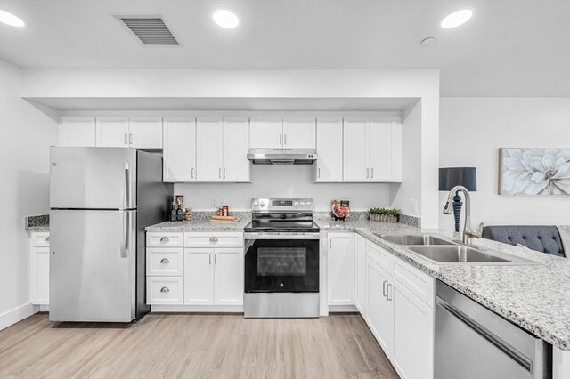 kitchen featuring white cabinets, light stone countertops, sink, stainless steel appliances, and light wood-type flooring