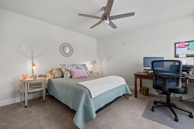 bedroom with carpet floors, ceiling fan, and baseboards