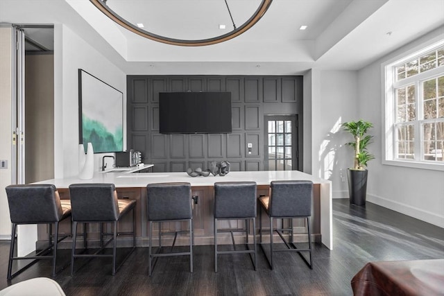 bar featuring a tray ceiling, dark wood-style flooring, and baseboards