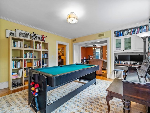 4 Greenough Ave, Boston, MA 02130 - playroom with ornamental molding, light wood-style floors, pool table, a desk, and ceiling fan
