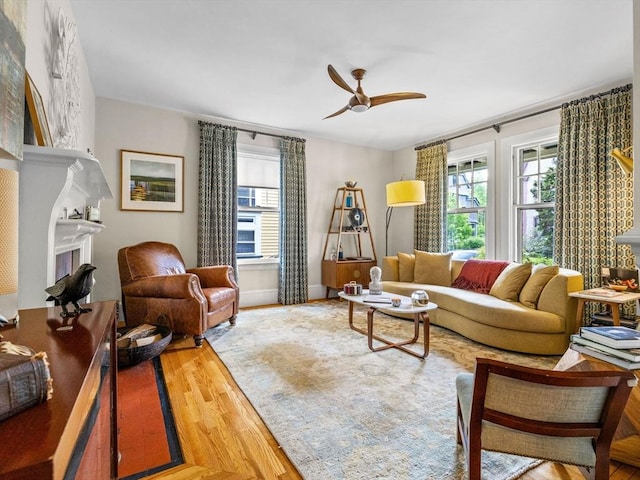 4 Greenough Ave, Boston, MA 02130 - living area featuring plenty of natural light, ceiling fan, wood finished floors, and a fireplace