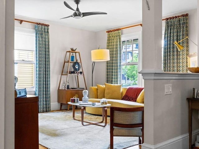 4 Greenough Ave, Boston, MA 02130 - living area featuring a ceiling fan and baseboards