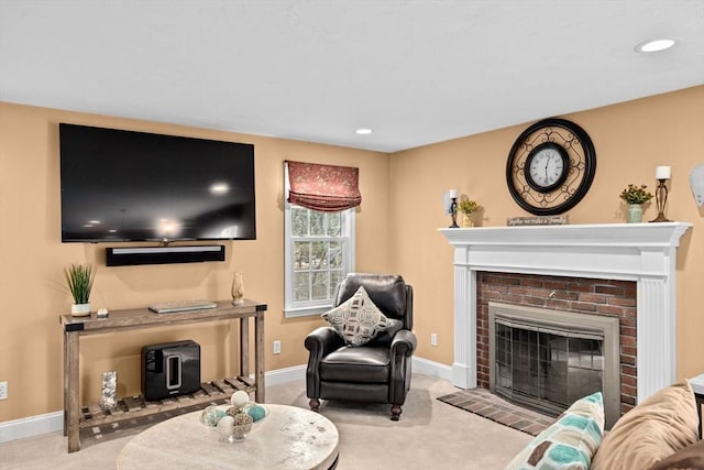 living room featuring a fireplace and light colored carpet