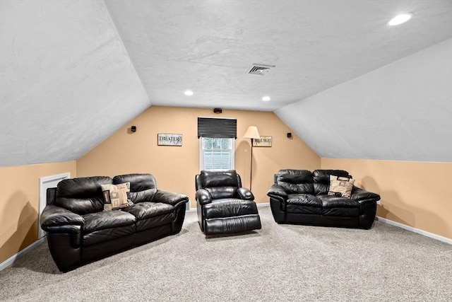 living room with carpet floors and lofted ceiling