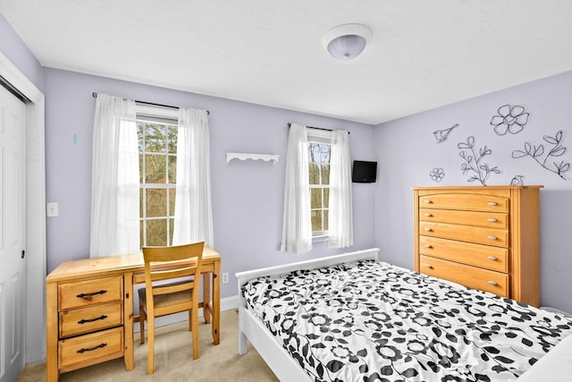 bedroom featuring light colored carpet and a closet