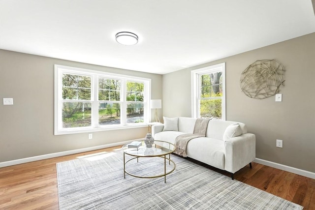 living area featuring baseboards and wood finished floors