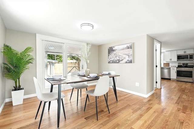 dining room with baseboards and light wood finished floors