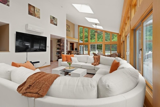 41B Washington St, Boxford, MA 01921 - living room with a skylight, high vaulted ceiling, and a wall unit AC