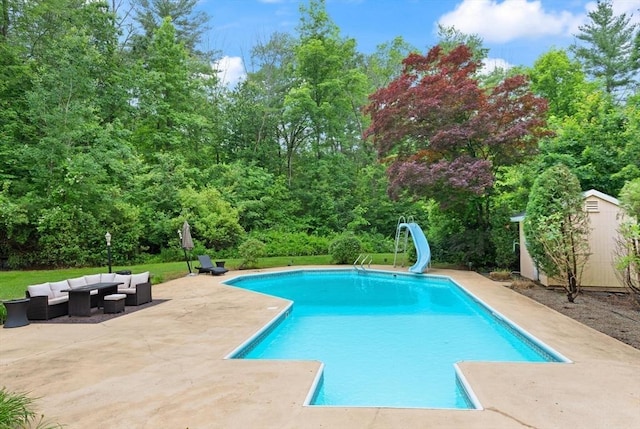 41B Washington St, Boxford, MA 01921 - outdoor pool featuring a water slide, an outdoor living space, a patio, and a shed