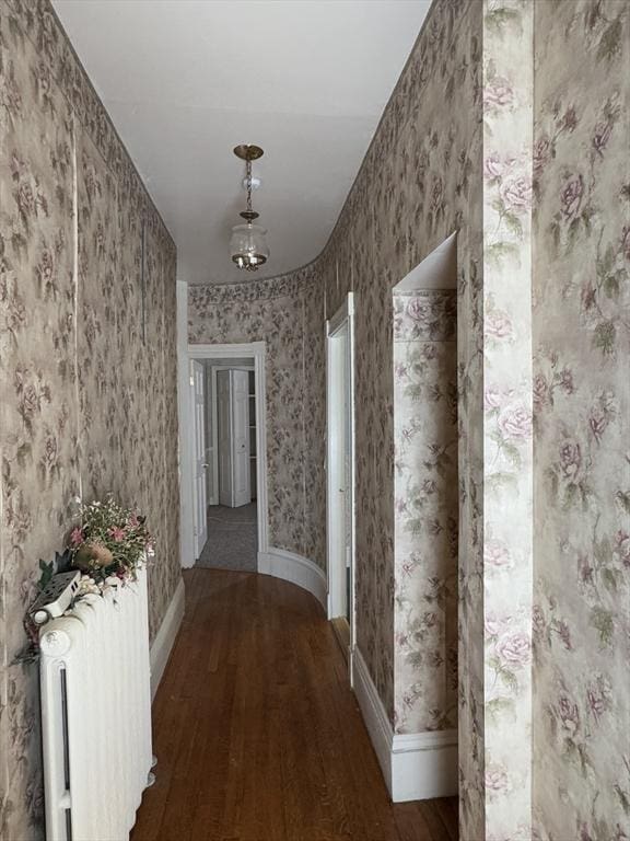 hallway featuring baseboards, radiator, wood finished floors, and wallpapered walls