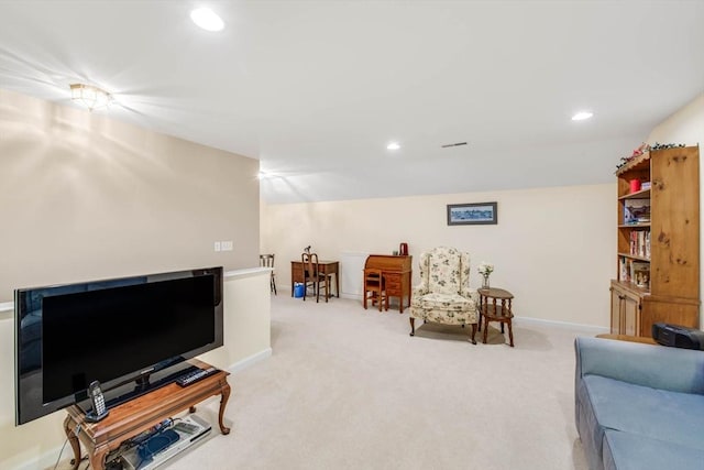 living room with light colored carpet