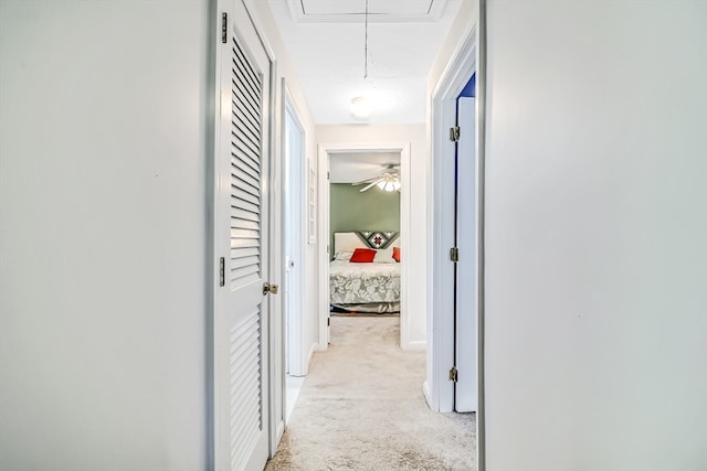 corridor featuring light colored carpet