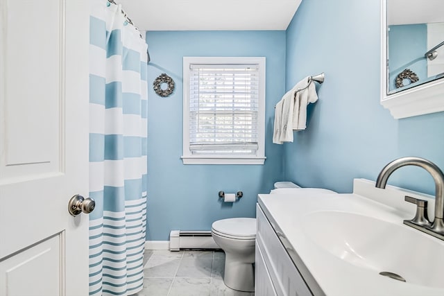 bathroom with a shower with shower curtain, vanity, toilet, and a baseboard heating unit