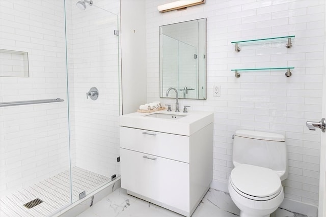 bathroom featuring walk in shower, tile walls, tile floors, toilet, and vanity