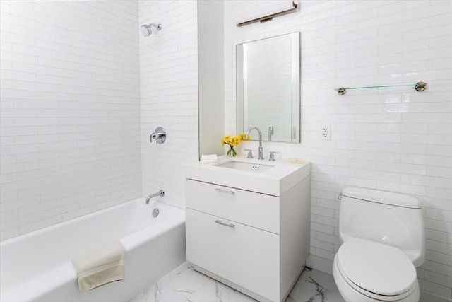 full bathroom featuring tiled shower / bath combo, toilet, tile flooring, vanity, and tile walls