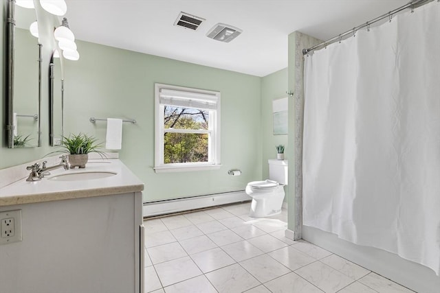full bathroom featuring visible vents, double vanity, a sink, toilet, and a baseboard radiator