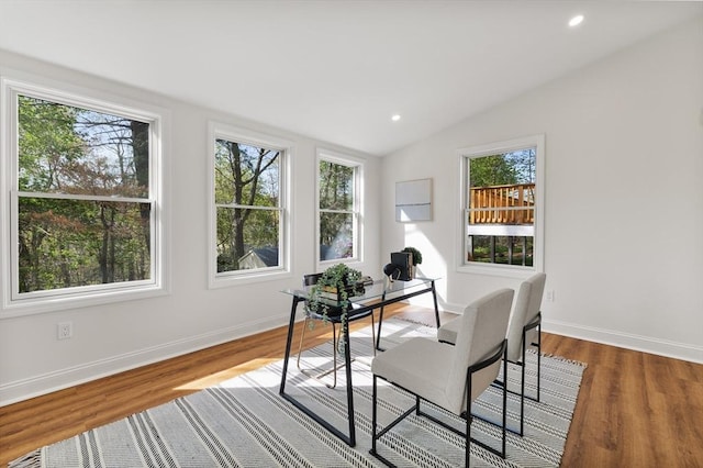 office space featuring a healthy amount of sunlight, lofted ceiling, and wood finished floors