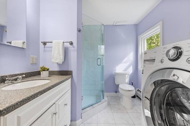 full bathroom with vanity, toilet, marble finish floor, washer / clothes dryer, and a shower stall