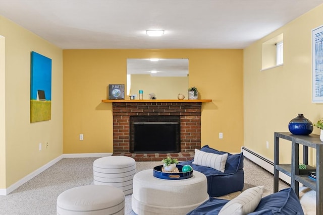 carpeted living room featuring a brick fireplace, baseboards, and a baseboard radiator