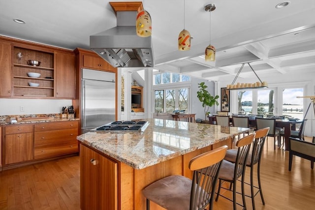 kitchen featuring island range hood, appliances with stainless steel finishes, hanging light fixtures, light wood-type flooring, and open shelves