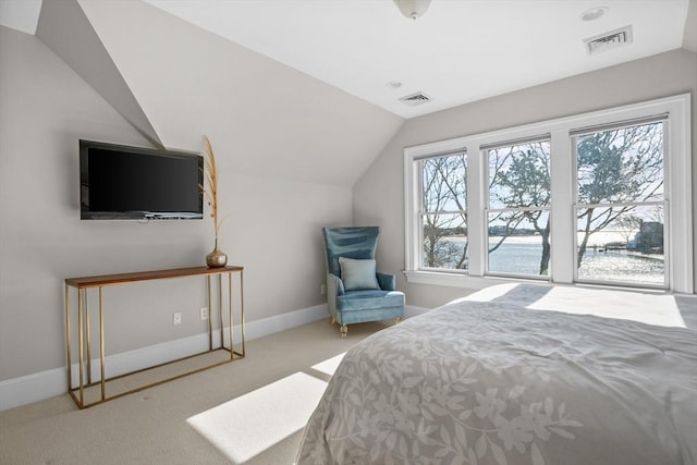 bedroom with lofted ceiling, carpet, visible vents, and baseboards