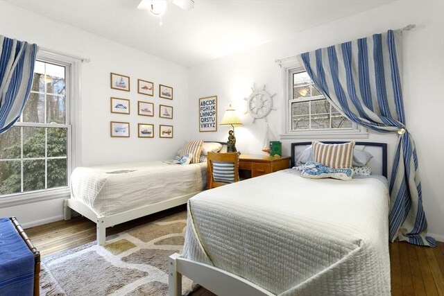 bedroom featuring wood finished floors, multiple windows, and baseboards