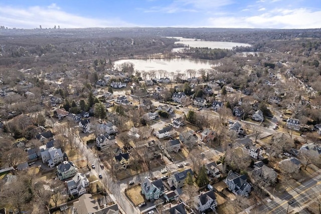 aerial view featuring a water view