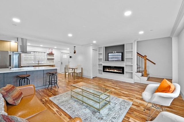 living room featuring light hardwood / wood-style floors and crown molding