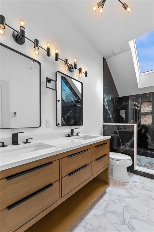 bathroom featuring vanity, toilet, walk in shower, and a skylight