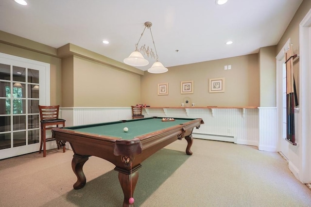 116 Spring Mdw Unit 116, Hanover, MA 02339 - rec room featuring a baseboard radiator, carpet, wainscoting, pool table, and recessed lighting