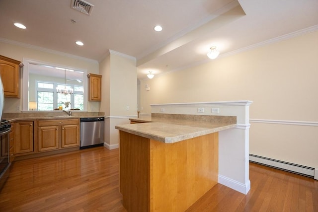 116 Spring Mdw Unit 116, Hanover, MA 02339 - kitchen featuring dishwasher, wood finished floors, crown molding, light countertops, and baseboards