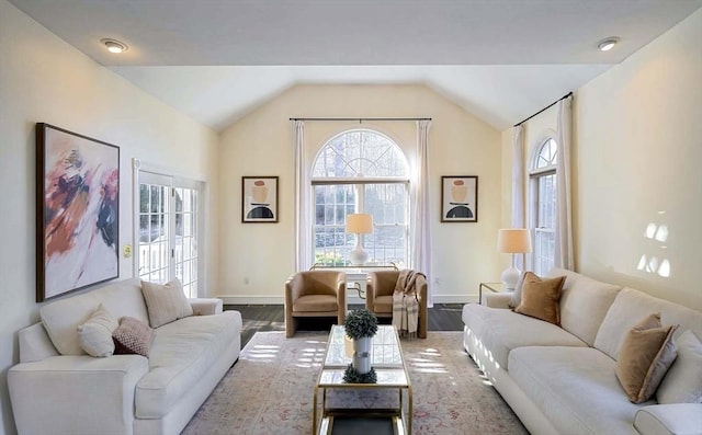 living area with lofted ceiling, baseboards, and wood finished floors