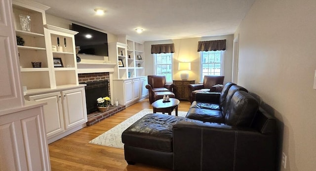 living area featuring a fireplace and light wood-type flooring