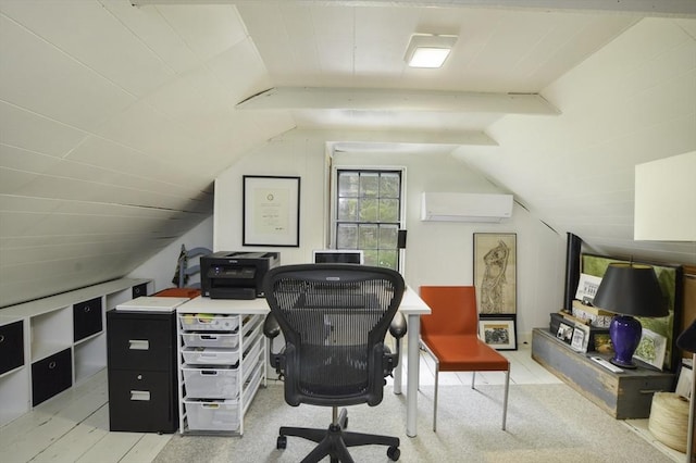 office space with vaulted ceiling and a wall mounted AC