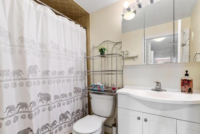 bathroom featuring toilet, a shower with shower curtain, and vanity
