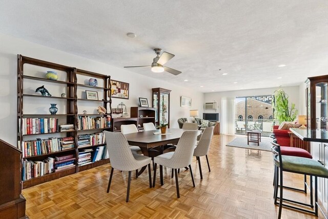 dining space with recessed lighting and ceiling fan