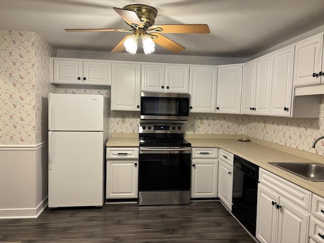 10 Enterprise St Unit 2, Duxbury, MA 02332 - kitchen featuring stainless steel appliances, wallpapered walls, ceiling fan, light countertops, and white cabinets