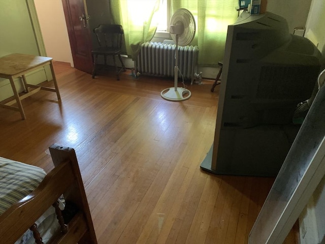 living area featuring radiator and wood finished floors