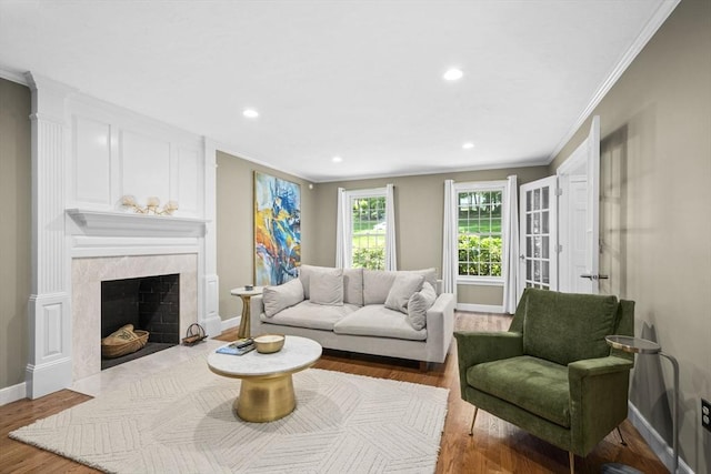 5 John Matthew Rd, Hopkinton, MA 01748 - living room featuring ornamental molding, wood finished floors, a fireplace, and recessed lighting