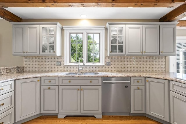 5 John Matthew Rd, Hopkinton, MA 01748 - kitchen featuring stainless steel dishwasher, backsplash, beamed ceiling, glass insert cabinets, and gray cabinets