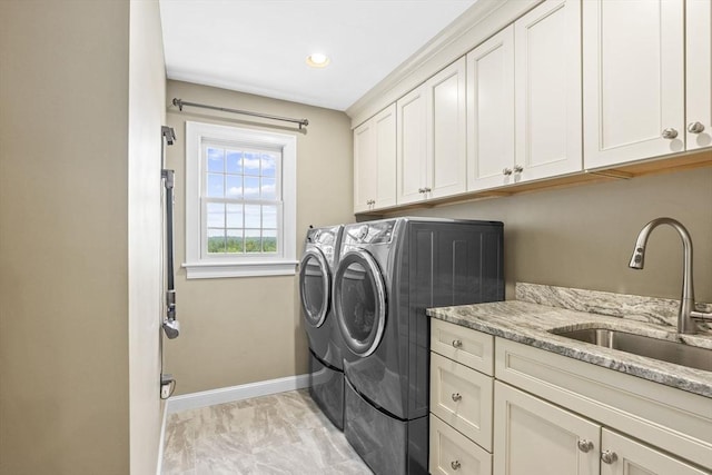 5 John Matthew Rd, Hopkinton, MA 01748 - laundry area with cabinet space, washer and clothes dryer, light marble finish flooring, and recessed lighting