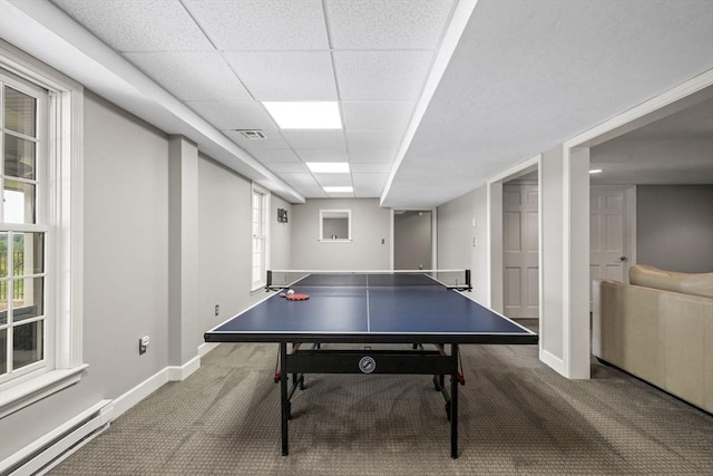 5 John Matthew Rd, Hopkinton, MA 01748 - game room with baseboard heating, carpet flooring, and a paneled ceiling