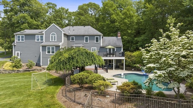 5 John Matthew Rd, Hopkinton, MA 01748 - rear view of house featuring a wooden deck, a chimney, stairs, and a patio area