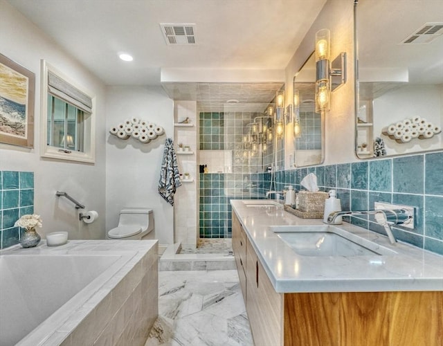 15 Blackburnian Rd, Lincoln, MA 01773 - bathroom featuring toilet, double vanity, a bath, tiled shower, and marble finish flooring