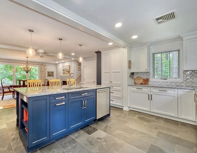 15 Blackburnian Rd, Lincoln, MA 01773 - kitchen featuring a sink, dishwasher, blue cabinets, white cabinetry, and open shelves